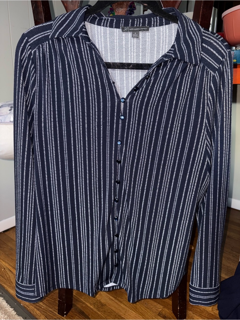 Adrianna Papell Navy and White Vertical Stripe Button-Down Shirt